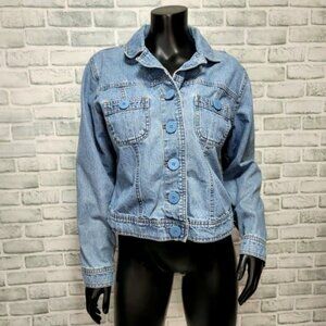 Vintage 90s Bill Blass L Light Wash Denim Button Front Jacket Jean Lightweight